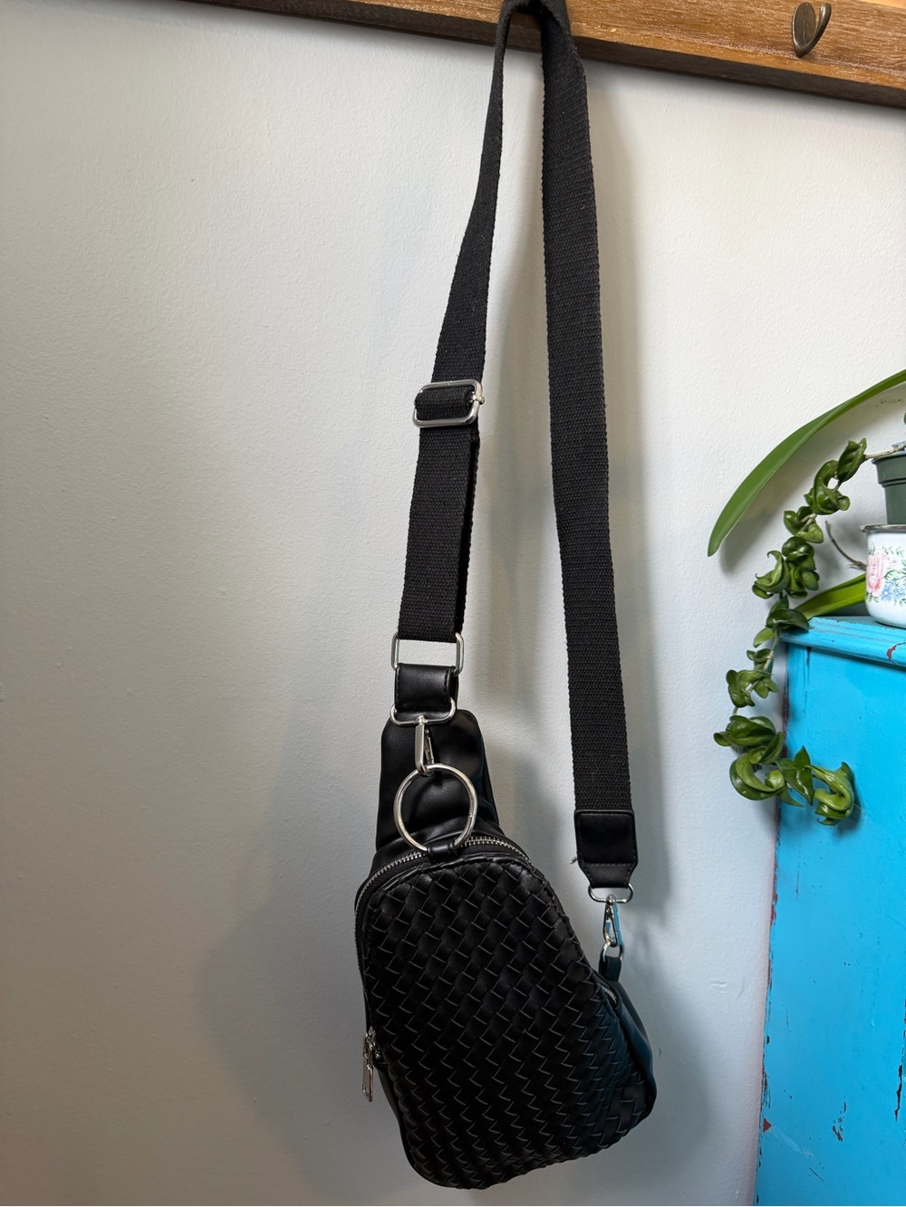Moda Luxe Black Woven Faux Leather Sling Backpack Crossbody Bag
